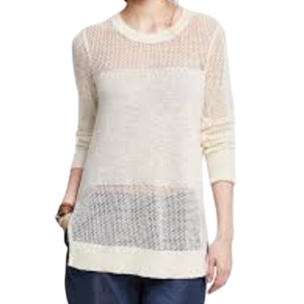 Banana Republic Womens Cream Open Knit Texture Long Sleeve Sweater Size M